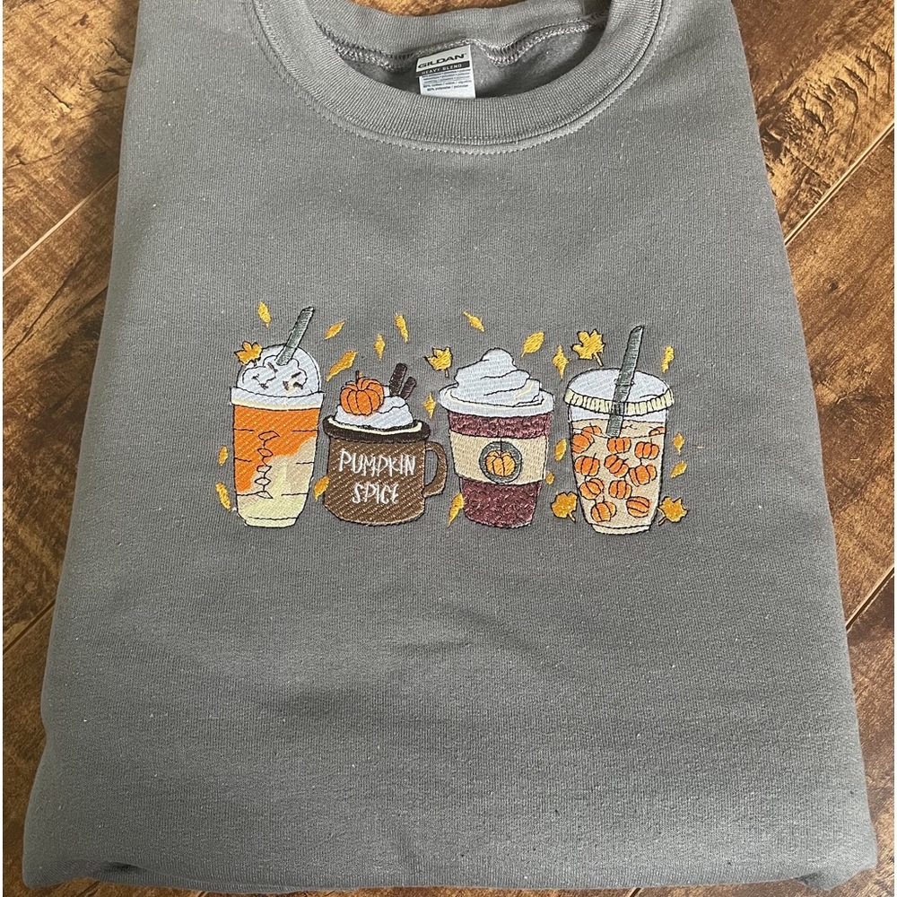 Embroidered pumpkin spice latte crewneck size large charcoal